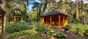 a wooden cabin in a garden with a bike in front at Szarotka in Brenno