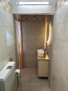 a small bathroom with a sink and a toilet at Evdilos Icaria 'Sto Plakostroto' by BRP-Properties in Evdilos