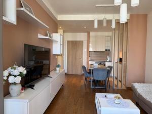 a living room with a couch and a table at Belgrade Waterfront Wolf in Sajmište