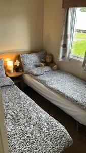 two beds in a room with a teddy bear on them at Crichtons Caravan at Haven Seton Sands in Port Seton
