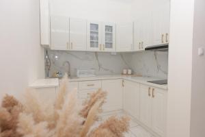 a white kitchen with white cabinets and a sink at Vila Oaza in Bela Crkva