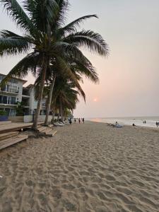 a beach with palm trees and people on the beach at Apartamento Arrecife in Tela