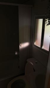 a dark bathroom with a toilet and a window at Casinha das bonecas in Adenodeiro