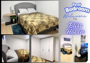a collage of pictures of a bedroom with a bed and a television at Bliss Haven in Winnipeg