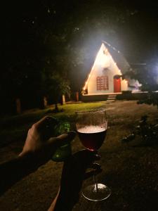 a person holding a glass of wine at night at Chalé em Treviso Sítio Pé do Morro in Treviso +32 photos