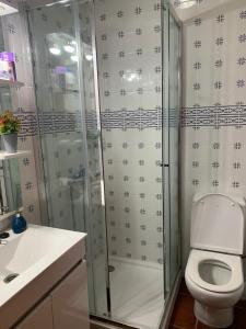 a bathroom with a toilet and a glass shower at Charming Blue House in Furnas