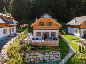 an aerial view of a log house with a pool at Ahorn Mountainlodge in Donnersbachwald