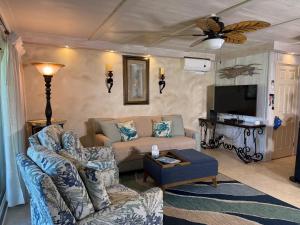 a living room with a couch and a tv at Unique Artist Home Steps from the Ocean in Kihei