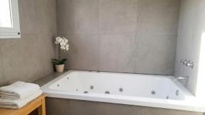 a white bath tub in a bathroom with a plant at La soñada in Salta