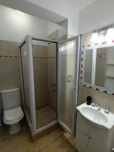 a bathroom with a shower and a toilet and a sink at Departamento CRIMAR in Viedma