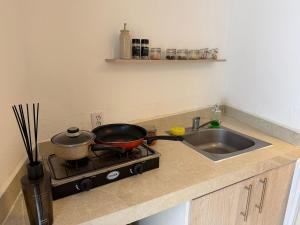 a kitchen counter with a pot on a stove with a sink at Apartment near Azteca Stadium- Coyoacan in Mexico City +5 photos