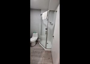 a bathroom with a shower and a toilet at Rainbow Motel in Summit