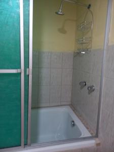 a bathroom with a tub with a glass shower door at Volcán Barú Unique Studio Apartment in Nueva California
