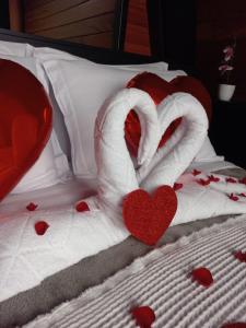 two swans laying on a bed with hearts at Chalé Encantos do Frade in Bom Retiro