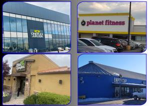 four pictures of a planet fitness building and a parking lot at Bliss Haven in Winnipeg