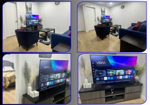 a group of four pictures of a living room with a tv at Bliss Haven in Winnipeg