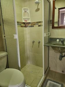 a bathroom with a shower and a toilet and a sink at Caribbean Airport Hotel in Cartagena de Indias