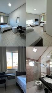 four images of a hotel room with beds and a bathroom at Hotel Volpi Salinas in Salinas
