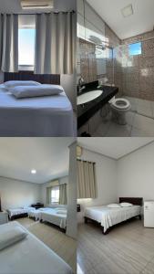 three pictures of a bedroom with a bed and a bathroom at Hotel Volpi Salinas in Salinas