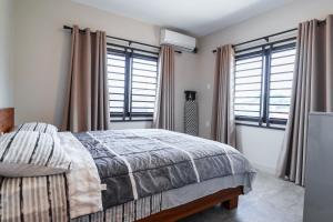 a bedroom with a bed and two windows at Lobby Apartments in Paramaribo
