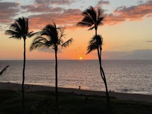 two palm trees on the beach at sunset at Oceanfront Artist Condo Panoramic Maui Sunsets in Kihei