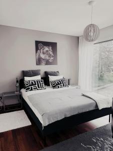 a bedroom with a bed with a picture of a lion on the wall at Ailiv Room - Lovely Room in Capriasca in Arni Alp
