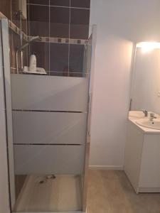 a small white bathroom with a sink and a mirror at Gite des Capucines in Bourbourg +1 photo