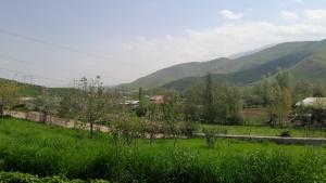 a green field with mountains in the background at Le Fortin in Samarkand