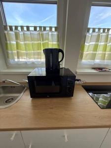 a coffee cup sitting on top of a microwave at Am Silbersee in Hochheim am Main