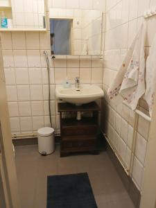 a bathroom with a sink and a mirror at Villa Sukuviiri in Vimpeli +42 photos