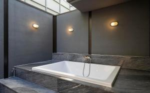 a large bath tub in a bathroom with two lights at Adena Hotel in Busan