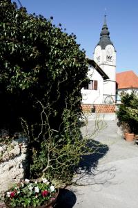 una planta en una olla al lado de un edificio con una torre de reloj en Baroque villa near Bled - Resort Vidmar, en Lesce