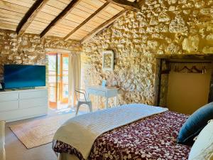 a bedroom with a large bed and a tv at Le Mas Brantôme in Brantôme