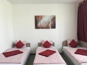 two beds in a room with red pillows on them at Berek Szálló in Balatonfenyves