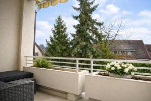 a balcony with a tree and a white fence at Ferienwohnung Südwind 3 in Küssaberg
