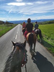 a group of people riding horses down a road at Maison ferme équestre du Ténéré in Saint-Jean-Lachalm