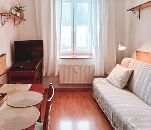 a living room with a couch and a table at Apartmán Simi, Karlovice 251, 79323 Karlovice in Karlovice