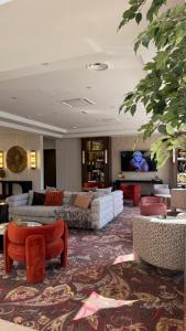 a living room with couches and chairs and a rug at Hotel Rivo Timisoara in Timişoara