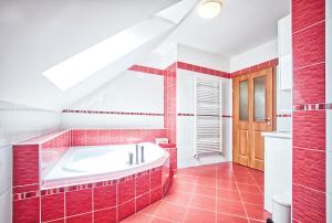 a red tiled bathroom with a bath tub at U Jeřába - komplex B in Horní Věstonice +18 photos