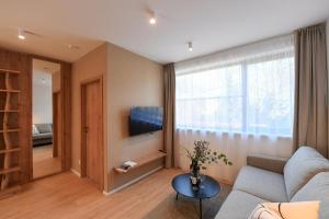 a living room with a couch and a tv at Hotel Monínec - Depandance Apartmány in Moninec