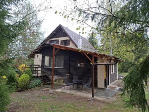 a small black house with a porch and a patio at Na samotě u lesa in Libňatov