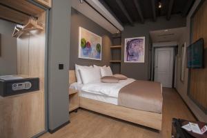um quarto com uma cama e uma televisão em Solun's Riverside Rooms em Skopje