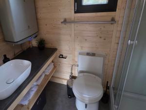 a small bathroom with a toilet and a sink at Lahod Tiny House by Tiny Away in Žalec +2 photos