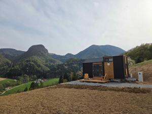 a cabin on a hill with mountains in the background at Lahod Tiny House by Tiny Away in Žalec
