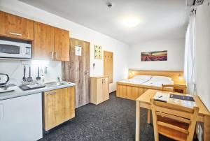 a small room with a kitchen and a bed at U Jeřába - komplex A in Horní Věstonice