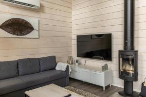 a living room with a couch and a fireplace at Holy Moly by Hilla Villas in Pelkosenniemi