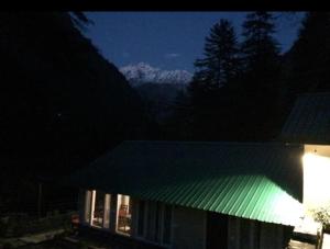 a building with a green roof at night at Asaka Lodge in Kasol