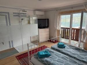 a bedroom with a bed and a tub and a television at Haus Seeblick in Töschling