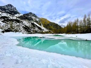 a body of water with snow and mountains at Sabbionaccio Apartments & Spa in Chiesa in Valmalenco