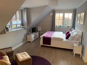 a bedroom with a bed and a tv in it at Reetdachhaus Seestern in Garding